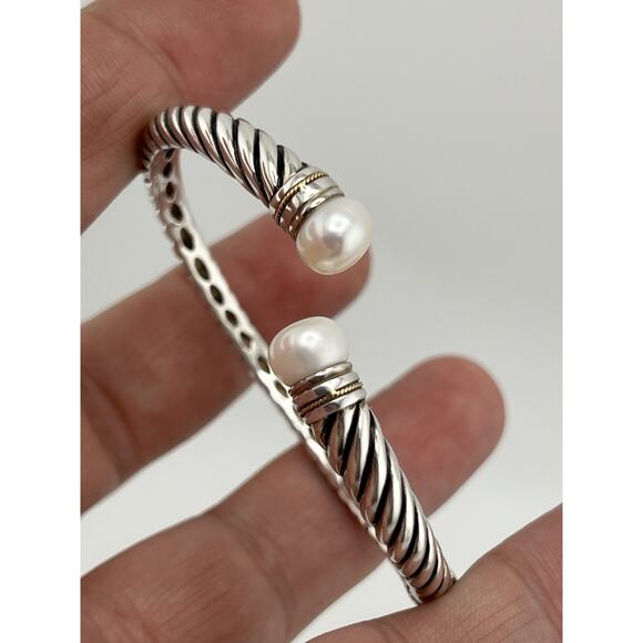 EFFY Sterling Silver 18k Yellow Gold Twisted Pearl Hinged Cuff Bracelet - Picture 7 of 16
